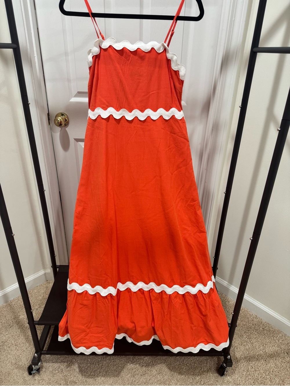 Red Maxi Dress with White Scalloped Trim
